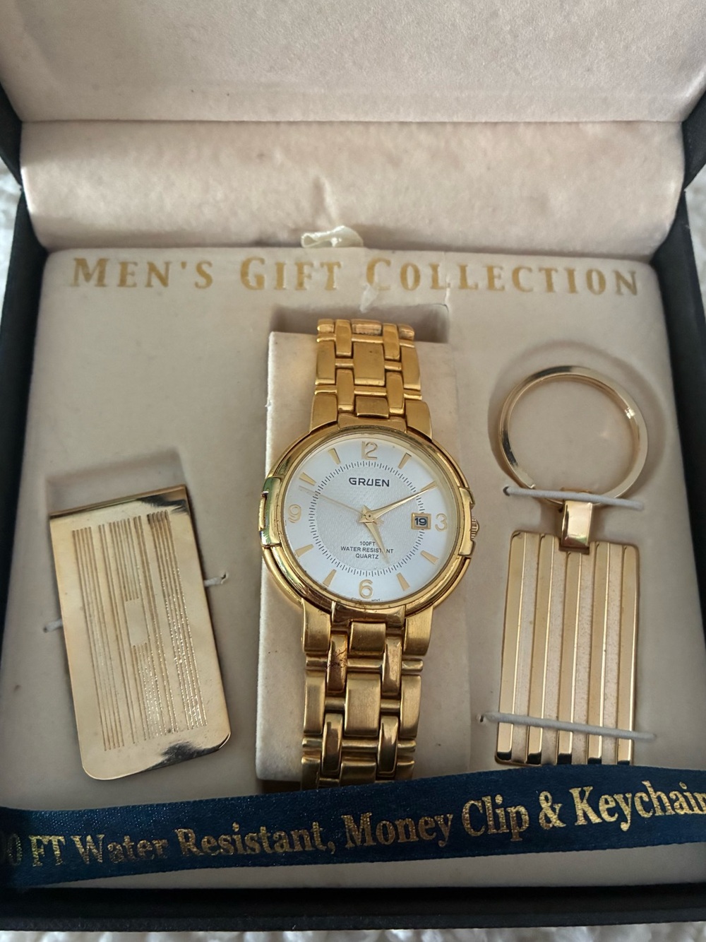 Vintage Gruen Men's Gold-Tone Watch with Matching Money Clip & Keychain